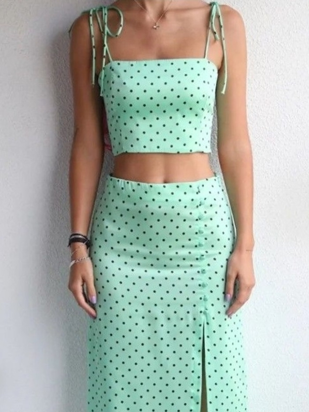 Zara Mint Green Polka Dot Midi Skirt Set
